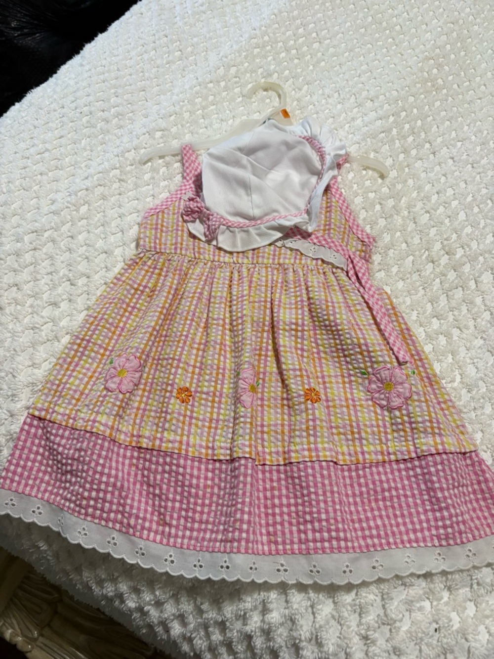 Girls Pink & Yellow Gingham Floral Sundress with Bonnet - Cute Spring Dress